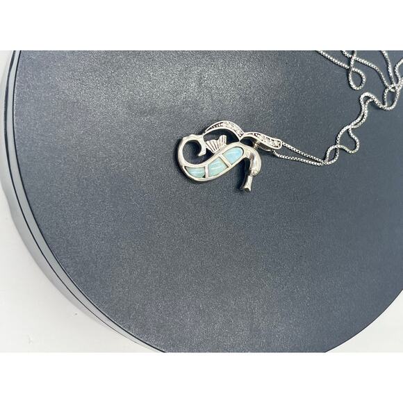 Blue Larimar and CZ Sterling Silver Seahorse Sea Life Caribbean Blue Necklace - Picture 10 of 12